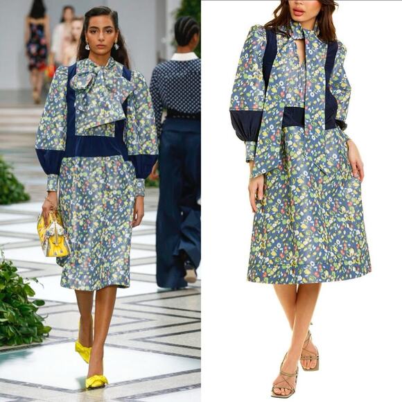 Tory Burch Taffeta Floral Midi Dress Blue Green Big Bow Size 0 Silk Blend - Picture 1 of 11